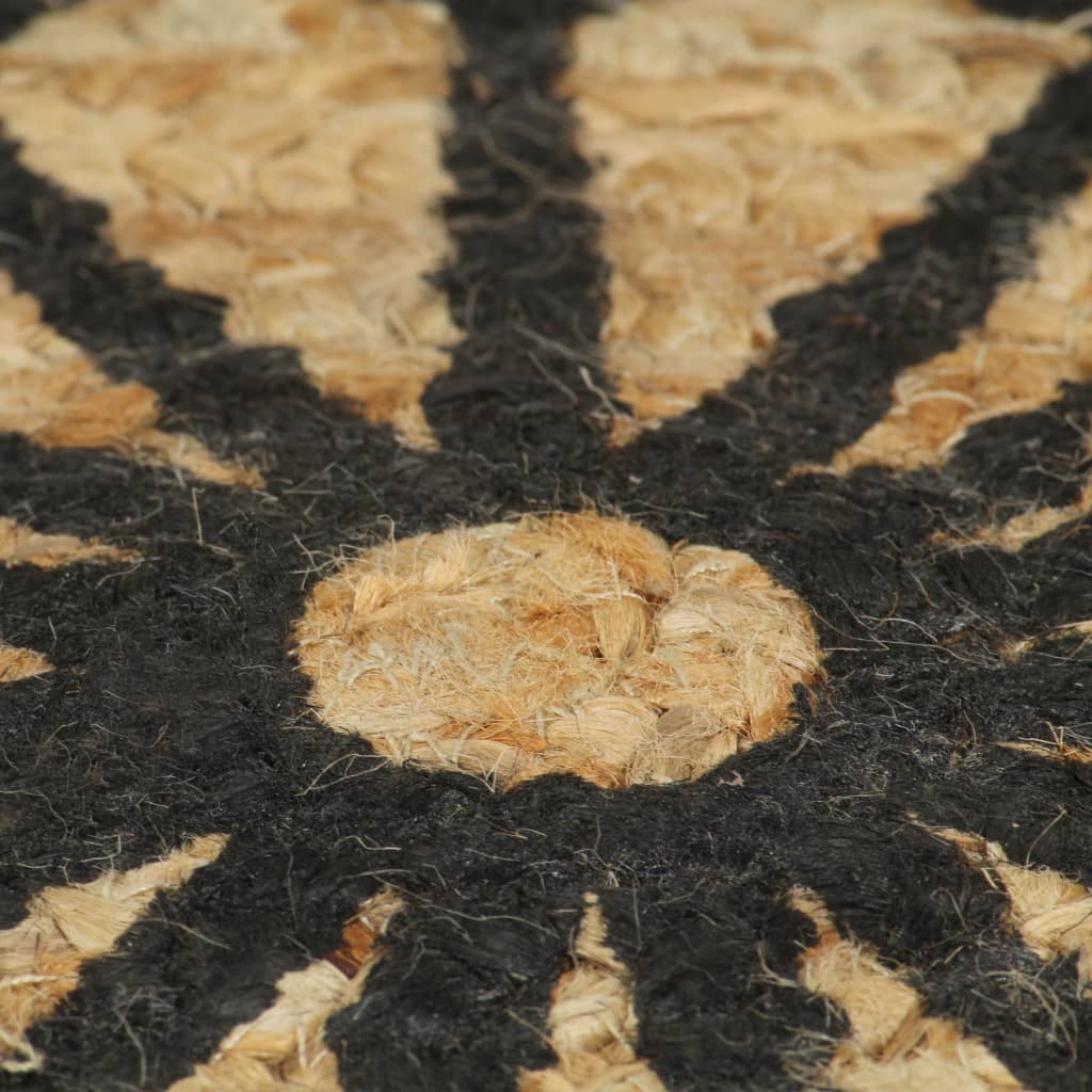 Käsintehty Pyöreä Juuttimatto Mustalla Kuviolla 120 Cm Musta kukkakuvio